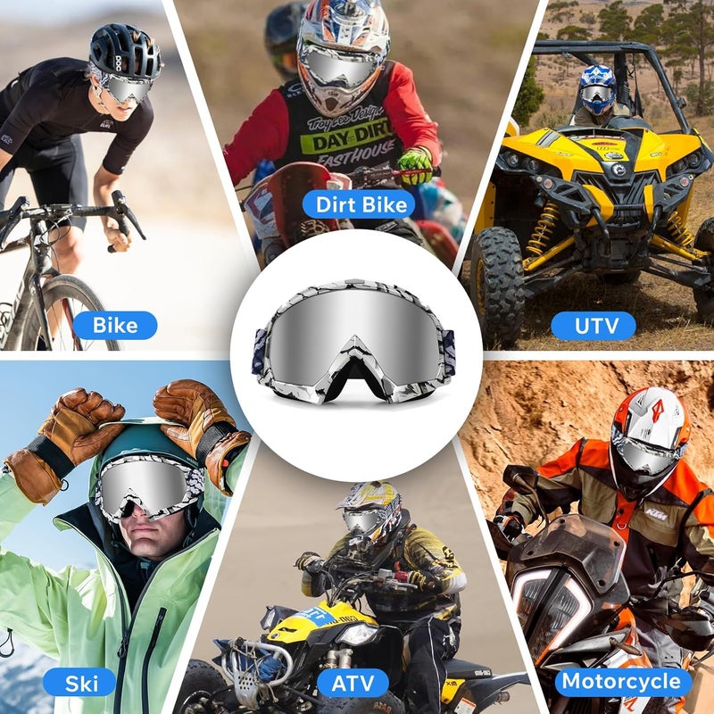 4-FQ Dirt Bike Goggles - Polarized MX Helmet Goggles for ATV, Motocross, Off-Road & Ski Eyewear - UV400 Anti Fog Scratch, Windproof Dustproof Goggle for Youth Men & Women - Sliver Lens - Image 3